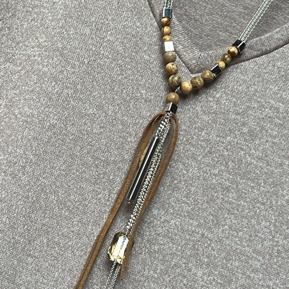 White House Black Market Jewelry - WHBM Silvertone Y-Necklace with Wooden/stone & Faux Leather Features